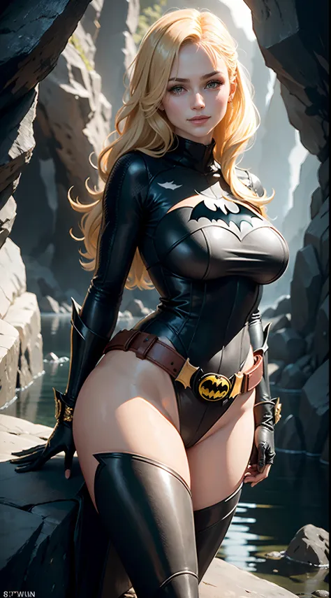 1girl, style of the Batwoman costume, big breasts, big butt, Yellow Batman Logo on Chest and the belt, masterpiece, best quality, detailed skin texture, detailed cloth texture, beautiful detailed face, intricate details, ultra detailed, Blonde hairstyle,  ...