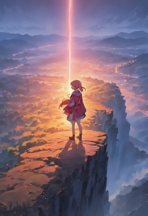 A solitary figure stands at the edge of a rugged cliff, overlooking a vast, mist-covered valley below. The early morning sun paints the sky with shades of pink and orange.