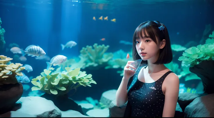 girl with, 独奏, dressed casually, Aquarium background, Fun atmosphere, (Photorealsitic: 1.4), top-quality, ​masterpiece, ultra-detailliert, profetional lighting