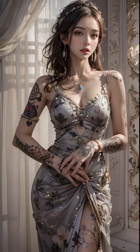 photorealistic, high resolution, soft light,1women, solo, hips up, (detailed face),tattoo, jewelry, long dress