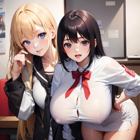 2girls，female high-school student，White student uniform，huge tit，ssmile，Be red in the face