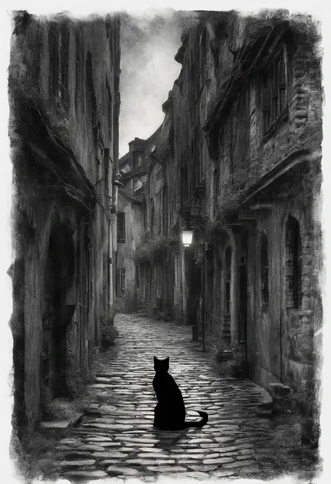 In the dimly lit alleys of an old European city, Weathered, Ornate street lamps cast a warm glow on the cobblestone paths. A lonely black cat，With harsh green eyes, it perches on a mossy stone wall, Intently looking at a mysterious figure, Hooded cloak met...