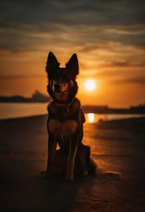 Dog looking sunset in Marine drive hyper realistic dark colour background