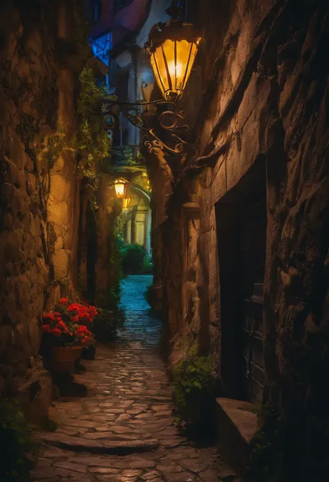 In the dimly lit alleys of an old European city, Weathered, Ornate street lamps cast a warm glow on the cobblestone paths. Lonely girl，scantily clad，Large bust，with piercing green eyes, It perches on mossy stone walls, Intently looking at a mysterious figu...