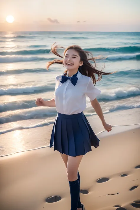 (top-quality、8K、32K、​masterpiece）Beautuful Women、in school uniform、Sunset,sea side、Hair fluttering in the wind、Walking along the sandy beach、Facing the front、Laughing