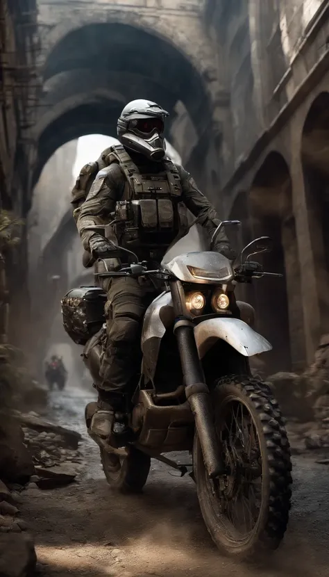 Un perro lobo monta una motocicleta mecha，cara encantadora，Usando armadura de batalla，Wear tactical goggles，Machine gun artillery on motorcycles，Jump through a ruined city，La escena es grandiosa，La imagen es HD，The visual sense of the film，4k