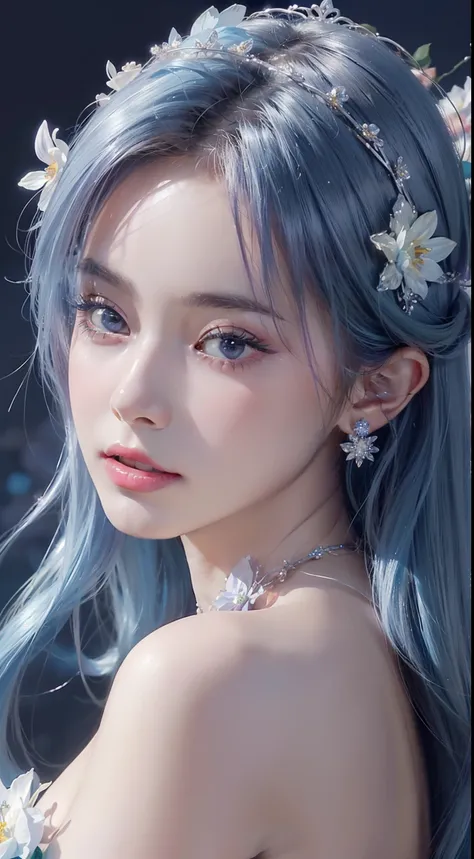 tmasterpiece，Highest high resolution，((magic orb))，Dynamic bust of a beautiful aristocratic maiden，Blue hair is gracefully curled，（(Wearing a crown of huge flowers))，Purple clear eyes，(((Hair is covered with beautiful and delicate floral craftsmanship, Cry...