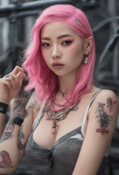 A beautiful Korean girl，Long pink hair，Tattooed with，full bodyesbian，Wearing a punk collar，Wear a black sleeveless punk bandeau，Wear ultra-short punk hot pants，Wear Martin boots，Bad girl，s the perfect face，Put on light makeup，Wear a ruby ring，Cool and funk...