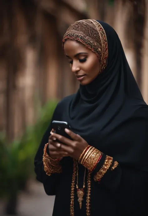 Woman in hijab. Holding telephone. Telephone covering facs. Face not visibleWearing black color skin tight clothing. Clothing so tight it is like a part of the skin