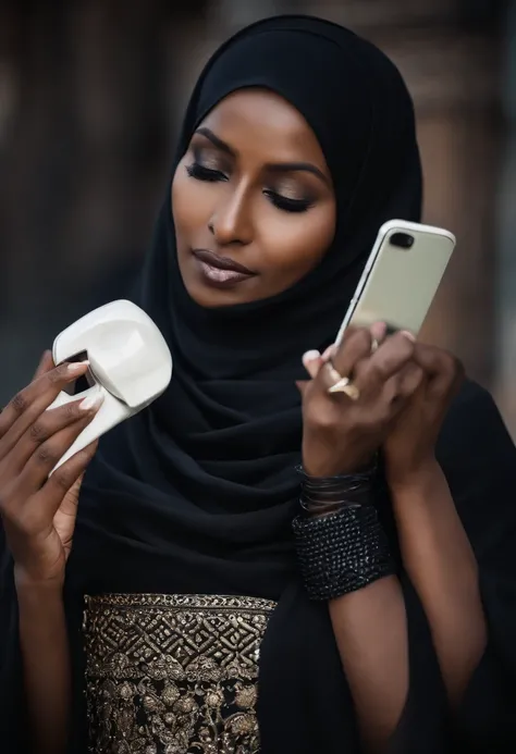 Woman in hijab. Holding telephone. Telephone covering facs. Face not visibleWearing black color skin tight clothing. Clothing so tight it is like a part of the skin