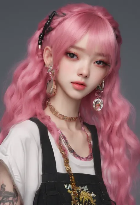 A beautiful Korean girl，Beautiful face of the girl group，Long pink hair，Tattooed with，full bodyesbian，Wearing a punk collar，Wear a black sleeveless punk bandeau，Wear ultra-short punk hot pants，Wear Martin boots，Bad girl，s the perfect face，Put on light make...