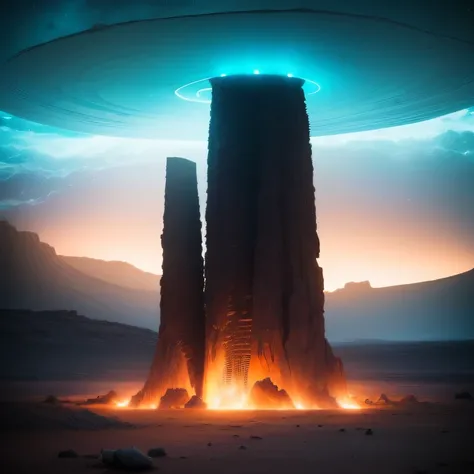 Alien base (Very detailed) In the mountainous desert，There are several exhaust fans and chimneys, Some spotlights come out of the base to illuminate dark places, (Extreme nights), Some clouds in the night sky, Some of the surrounding planets provide air to...