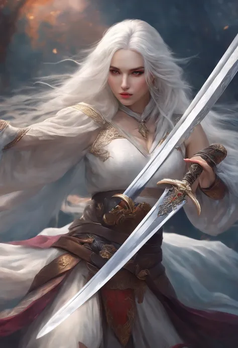 1 girl with long white hair with a sword