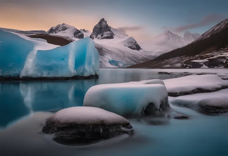 Ice cream peaks of various colors appear in the Arctic，Penguins approach these mysterious terrains with caution，The ice was also colored, fantasy, Spectacular, Braving the air conditioning, Masterpiece, ultraclear, extreme hight detail