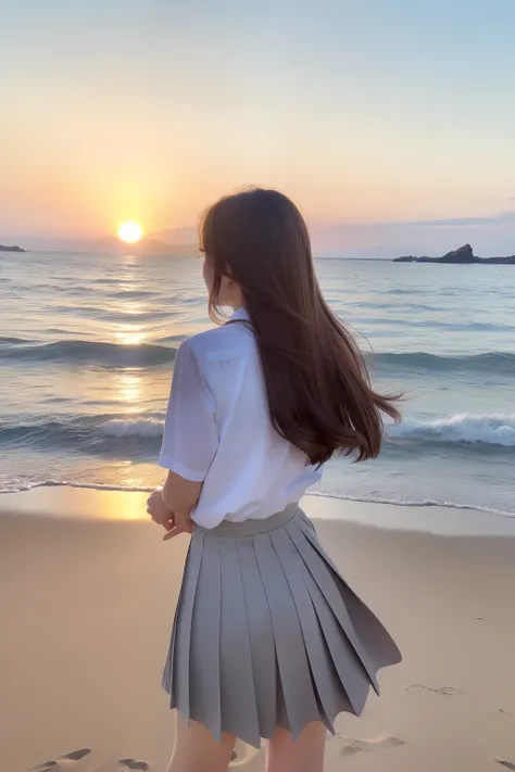 (top-quality、8K、32K、​masterpiece）Beautuful Women、in school uniform、Sunset、sand beach、Rear view、Beautiful hair