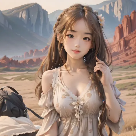 (From the top:1),((1girl in)),Light brown fringed hair、Braided hair、Disheveled hair、Light brown eyes、(Dignified Expression)、(Floral dress),(爆乳)、No shoulders、vests、((fullnude))、((Emphasize the valley))、grassy fields、blue-sky、(Photorealsitic)、(intricately de...