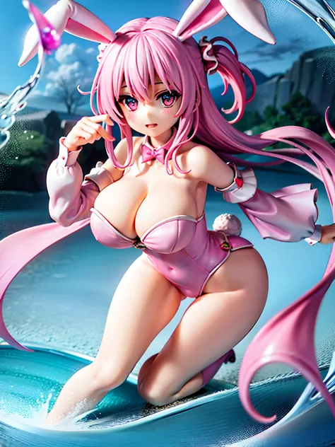 Lori huge breasts cleavage，Water spirit eyes，Pink clothes，Holding the doll，having fun，Has rabbit ears