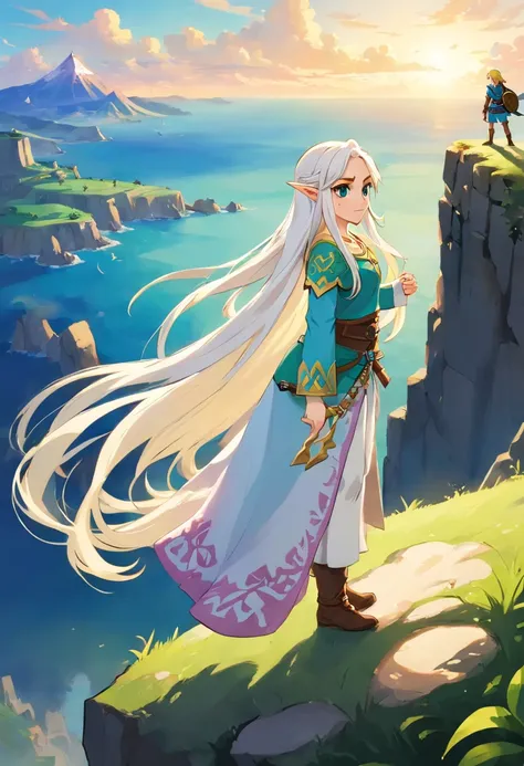 1 girl with long white hair standing on a cliff