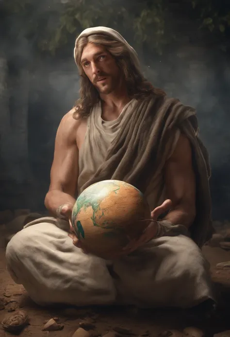 Obra-prima realista em 8k com anatomia perfeita: Jesus Christ holding planet Earth in one hand, with an undeformed face, cinematic lighthing, profundidade de campo, bokeh, realismo, fotorrealista, hiper-realismo, fotografia profissional, Melhor paisagem ja...