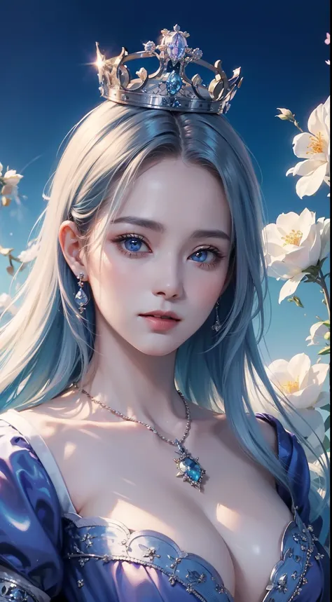 tmasterpiece，Highest high resolution，((magic orb))，Dynamic bust of a beautiful aristocratic maiden，Blue hair is gracefully curled，（(Wearing a crown of huge flowers))，Purple clear eyes，Hair is covered with beautiful and delicate floral craftsmanship, Crysta...