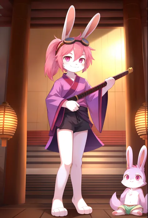 Furry shota, young, rabbit, long rabbit ears, pink hair, long spiky ponytail, spiky hair, detailed body fur, Pink eyes, purple kimono, close kimono, black swim trunks, goggles, masterpiece, looking at you, white body fur, detailed face, big eyebrows, detai...