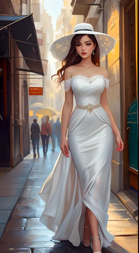 pintura de una mujer caminando por una calle con un sombrero blanco, elegant oil painting, una hermosa mujer vestida de blanco, ...