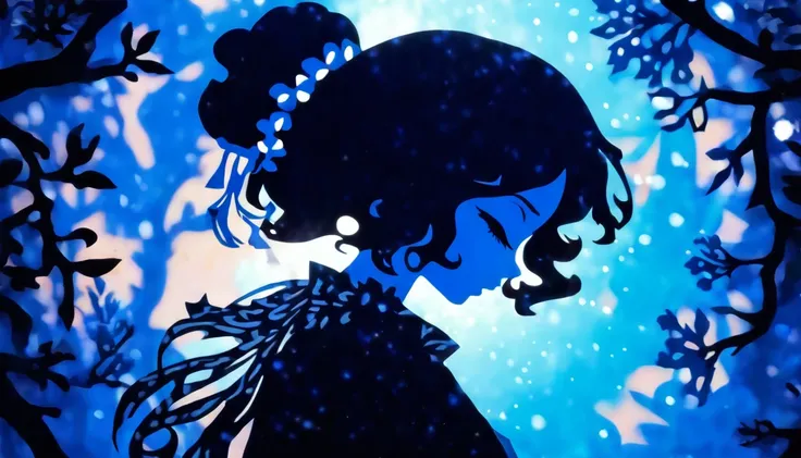 (Silhouette Art,cutouts:1.6)
(((Paper cutting art,A world where only black exists:1.3)

(Cowboy Shot),1 girl,Solo,
(Kimono Girl,profile:1.2),white, Clear and beautiful face,

BREAK
(1 light blue snowflake)
Textured glass background,