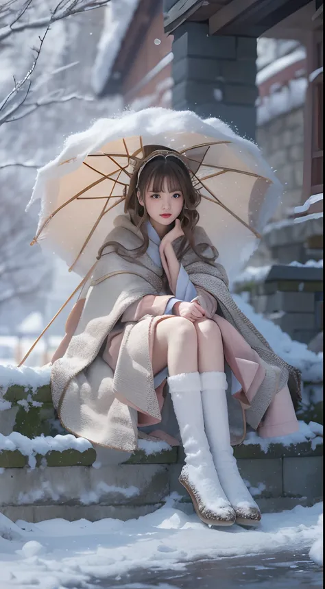 ((Works of masters))，(超高分辨率)，1 girl, Sitting, Lolita costume，Cloak (Snow, Outdoor activities in winter:1.2),Outside the castle，8K，Detailed details，mirth，