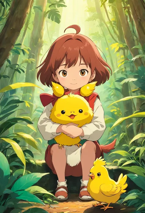 This is a movie poster，Cinnamon dog adventures in the jungle with a baby yellow chicken，Full of fantasy elements