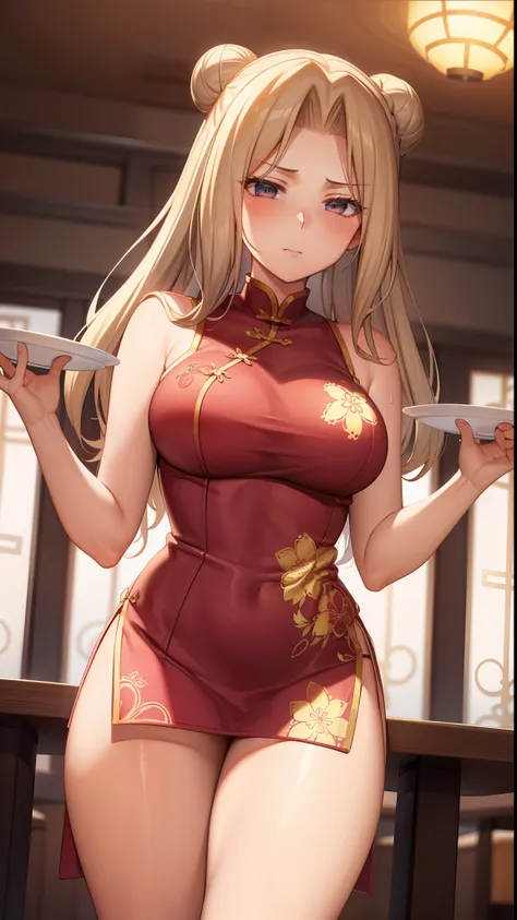 blonde, cheongsam with flower patterns, double bun, waitress, chinese restaurant, long legs, thick thighs, bare shoulder, master...