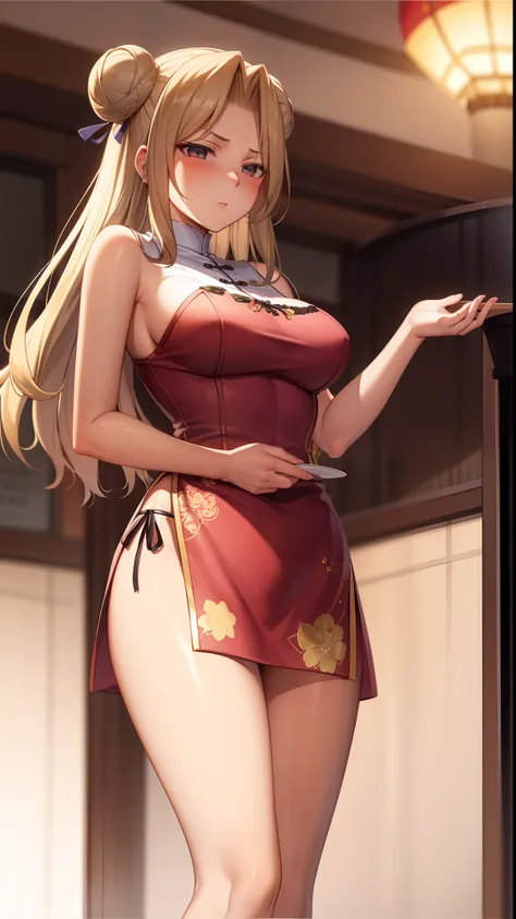 blonde, cheongsam with flower patterns, double bun, waitress, chinese restaurant, long legs, thick thighs, bare shoulder, master...