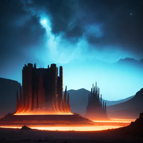 Alien base (Very detailed) In the mountainous desert，There are several exhaust fans and chimneys, Some spotlights come out of the base to illuminate dark places, (Extreme nights), Some clouds in the night sky, Some of the surrounding planets provide air to...