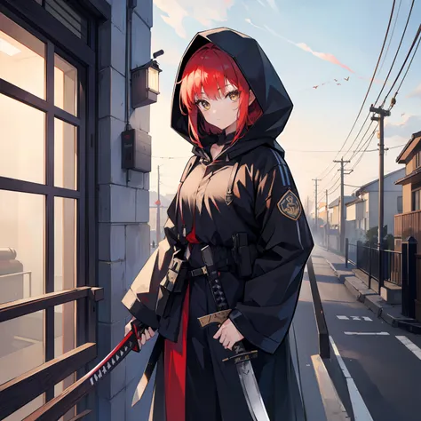 1 girl, wearing hood, looking at viewer, 8k, one hand holding a katana, one hand holding m1 garand, wearing modern armor, masterpiece, leaning against fence