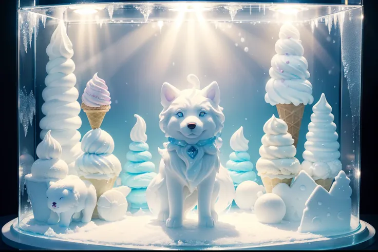 ice cream fantasy,an ice cream fantasy inside a detailed glass case created by lighting the suns rays, made of the ice cream with colorful sugar craft sculptures white wolf, (absurdly adorable cute, standing in honor:1.2), white sugar plum rain, (ice cream...