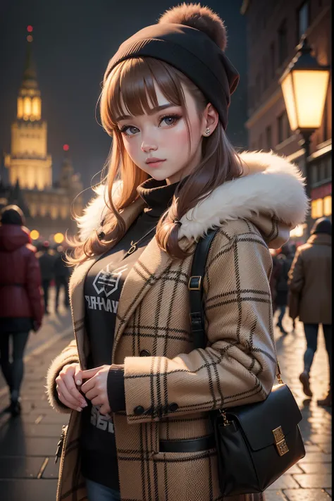 1girll, Plaid shirt, Fur coat, Kremlin background, Otto, beehive,Best quality, 超高分辨率, Photorealistic,