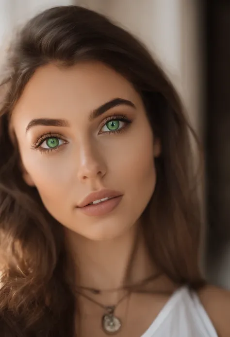 arafed woman with a white tank top and a necklace, sexy girl with green eyes, beach shot sophie mudd, brown hair and large eyes, selfie of a young woman, bedroom eyes, violet myers, without makeup, natural makeup, looking directly at the camera, face with ...