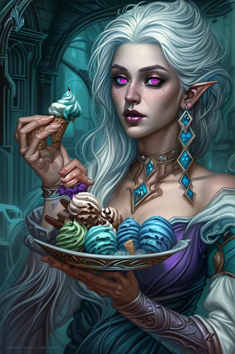 a portrait of female, photorealistic, fantasy art, rpg art,  drow eating ice cream, a female dark elf wizard (ultra detailed, ma...