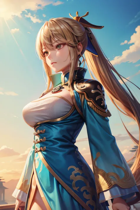 wang_Yuanji(Wang Yuanjie)、1girl, masterpiece、top-quality、ponytail, {小柄}、{Sharp eyes}、antiquegold hair、huge tit、Looking ahead、Dropping your gaze、chill out、Eyes tinged with melancholy、