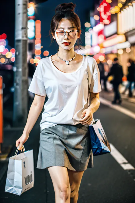 Highly detailed, High quality, Masterpiece, 1 woman, Walking down the street, Hands-on shopping bag, Happy expression, Brown hair, Tied into a messy bun, (Casual wear: 1.1), White T-shirt, Short skirt, High heels, Light makeup, (Silver necklace: 1.2), Sung...