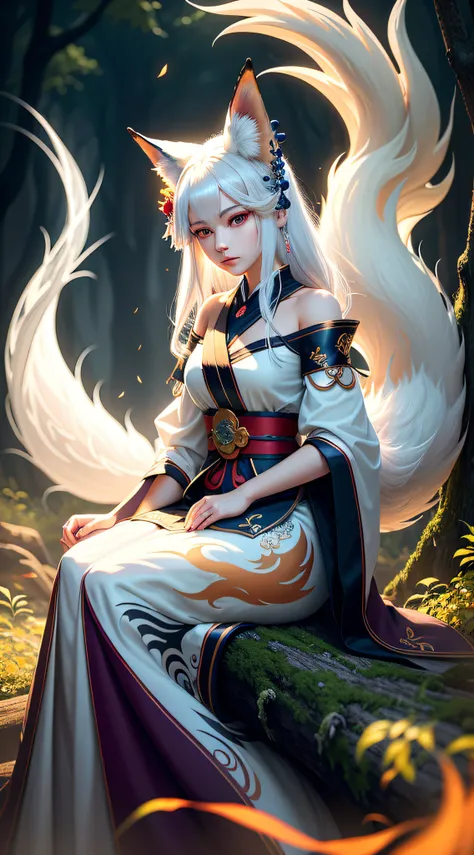 Drawing of a fox with white hair sitting on a branch, ethereal fox, nine-tailed fox, fox three-tailed fox, onmyoji detailed art, nine-tailed, beautiful artwork illustration, mythological creature, fox, beautiful Digital artwork, exquisite digital illustrat...