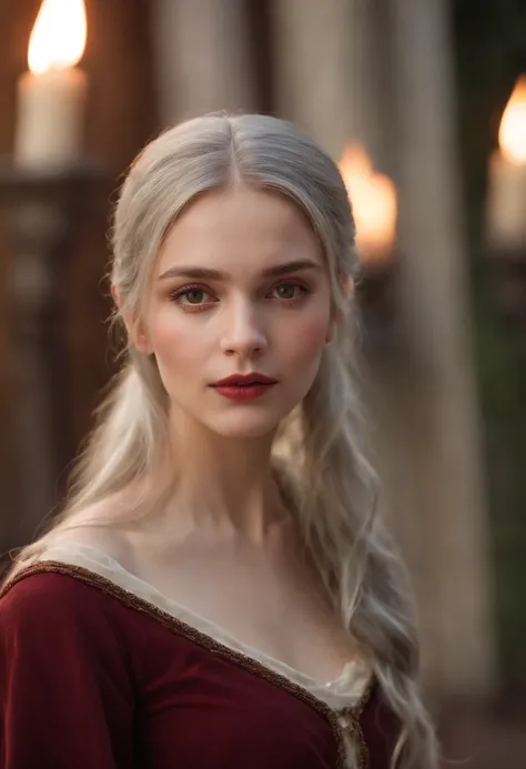 (((A deep red wound streaked across her left cheek))) Fair complexion, A woman around 19 years old, Natural gray hair, Unique green eyes, Wear Cole, Slender and graceful, Beautiful, Candlelight in a medieval setting, super sharp focus, realistic lens, Medi...