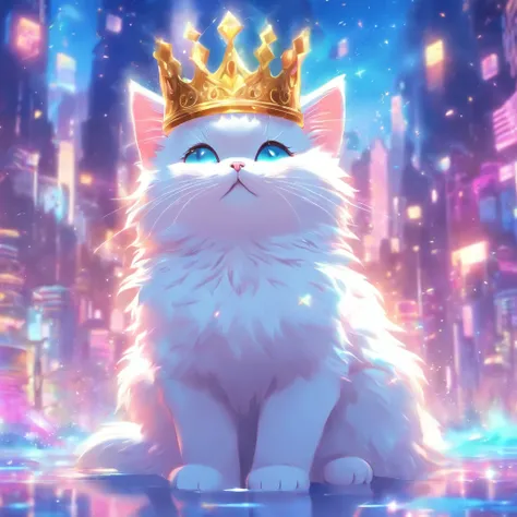 There is a white cat with a crown on its head, cute digital art, kawaii cat, very beautiful and cute cat woman, cute detailed digital art, cute and cute, cute cat, kawaii cute dog, cute animal, cute and lovely, cute cat animation visual effects, beautiful ...