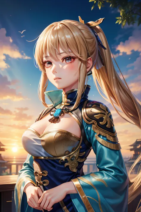 wang_Yuanji(Wang Yuanjie)、1girl, masterpiece、top-quality、ponytail, {小柄}、{Sharp eyes}、antiquegold hair、huge tit、Looking ahead、Dropping your gaze、chill out、Eyes tinged with melancholy、Half eye、