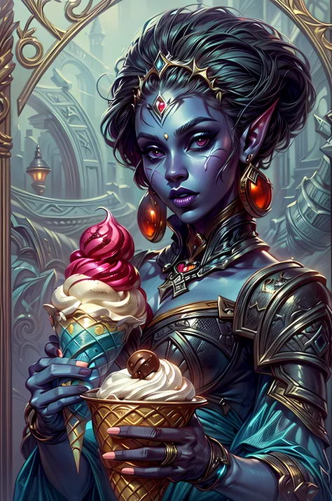 a portrait of female drow, dark elf,  eating ice cream, photorealistic, fantasy art, RPG art, a female dark elf wizard (ultra detailed, Masterpiece, best quality, fantasy art), extremely beautiful, dark skin, white hair, long hair, pulled back hair, purple...