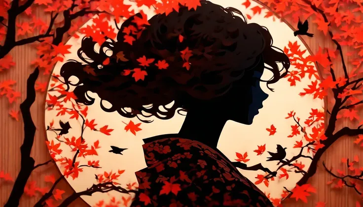 (Silhouette Art,cutouts:1.6)
(((Paper cutting art,A world where only black exists:1.3)

(Cowboy Shot),1 girl,Solo,
(Kimono Girl,profile:1.2),white, Clear and beautiful face,

BREAK
(Single Red Autumn Leaves)
Textured glass background,