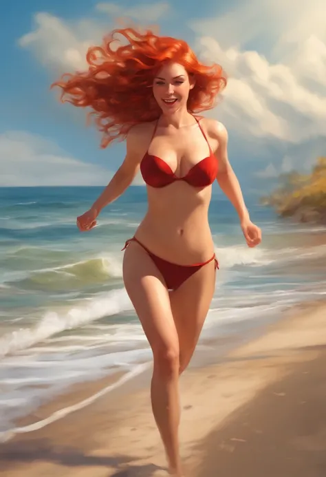 Jovial red head running naked on the beach, large breasts anime style