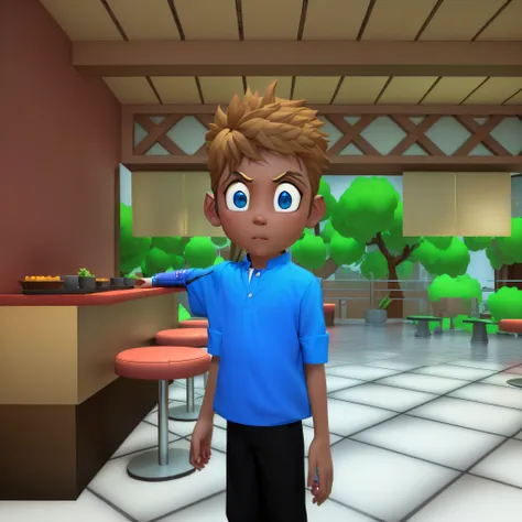 cartoon boy standing in a room with a bar and a table, standing in a restaurant, captura de tela do jogo life simulator, caracte...