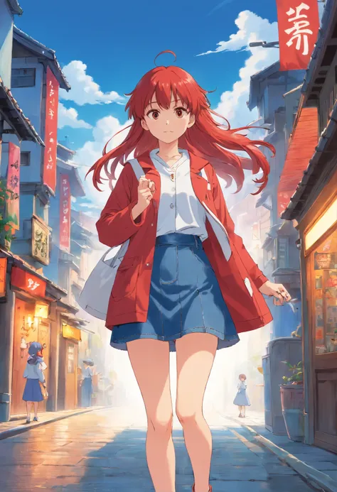 1girll, garments: Blue denim skirt, Flag Japan white coat, red hair, Long hair, Say goodbye with your hands, tmasterpiece, best qualityer, highly  detailed