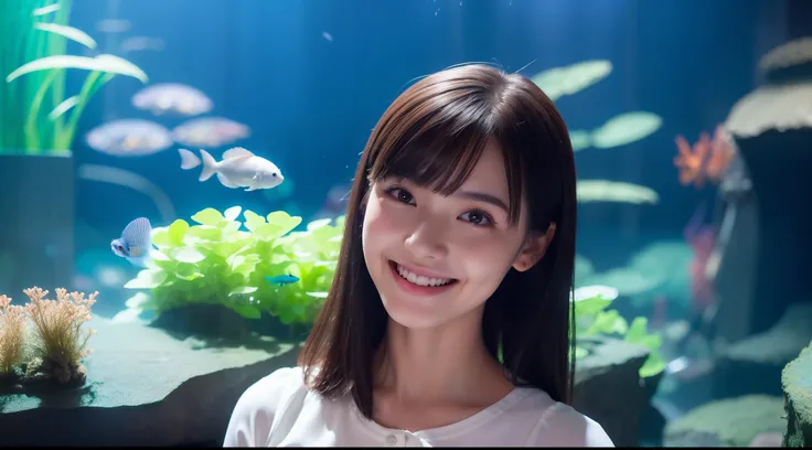 girl with, 独奏, A smile, Dressed in a casual dress, Aquarium background, Fun atmosphere, (Photorealsitic:1.4), top-quality, ​masterpiece, ultra-detailliert, Raw photo