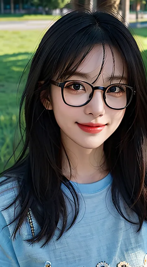 1girll，From the top，Long black fringed hair，There are small flowers on the head，Messy hair，Black eyes，Sweet smile，Wear metal glasses，Cute t-shirt，grassy fields，flower  sea，blue-sky，Realistic light and shadow，intricately details:1.2，tmasterpiece：1.3，top-qua...